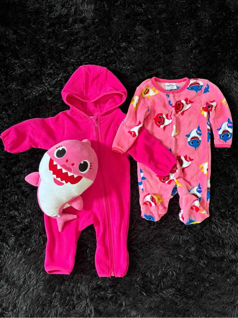 Baby Shark Pink Baby One-Piece Hoodie & Shark Print Footed Romper Set Plush Toy